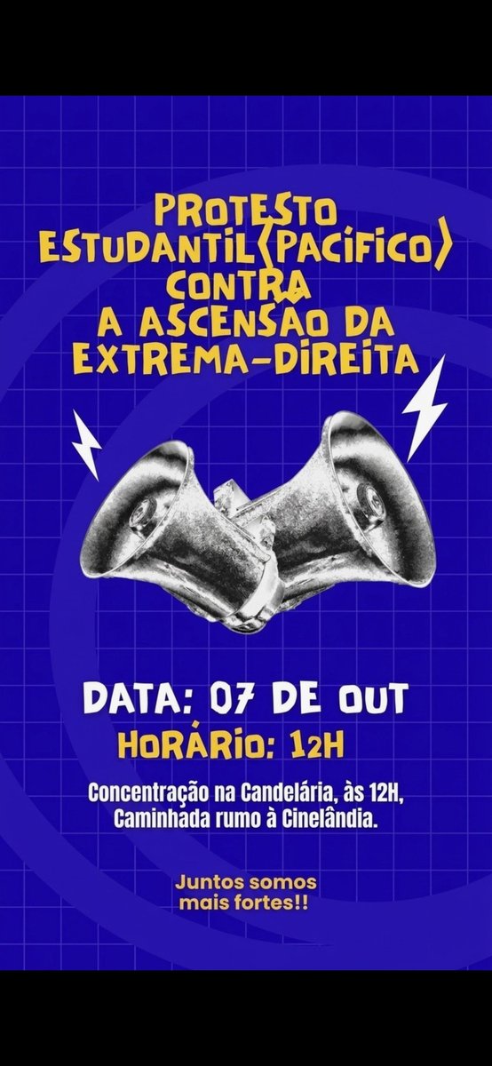 protestudantil's tweet photo. 📢 PROTESTO ESTUDANTIL 07/10
📍Candelária 12h

É HOJE‼️
SUBAM AS #JOVENSSÃOREVOLUÇÃO
#PROTESTOESTUDANTIL COM FOTOS E VÍDEOS DO PROTESTO!! QUEM NÃO PUDER IR, VEJA A LIVE NO INSTAGRAM! https://t.co/tXqcKPl2ns