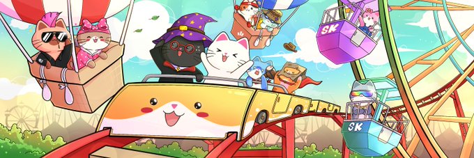 A colorful illustration showing various cats riding a roller coaster and a ferris wheel, including cats dressed as a wizard, with treats flying through the air.