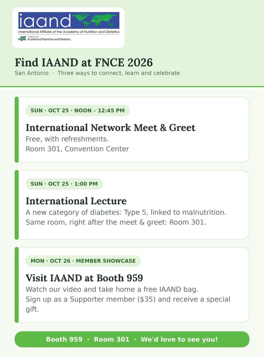 EatRghtOverseas's tweet photo. Heading to #FNCE2026 in San Antonio? 🌎💚Meet IAAND at Booth 959 &amp; Room 301 for global networking, learning, and connection.

Let’s celebrate nutrition without borders! 
#IAAND #GlobalDietetics #internationaldietetics #Academyofnutritionanddietetics #SanAntonio2026 https://t.co/Lok1c0Ujsk