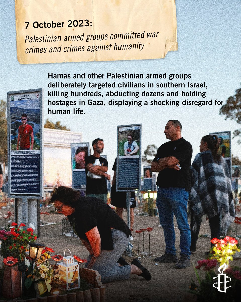 amnesty's tweet photo. Three years after the deadly Hamas-led attacks of 7 October and the start of Israel’s brutal military assault on Gaza Palestinian civilians continue to endure catastrophic suffering amid Israel's ongoing genocide.  Justice for victims of all crimes in Israel and the Occupied Palestinian Territory remains out of reach.

The world must stop turning its back on humanity.
States must act now to end the genocide, halt arms transfers, dismantle Israel’s system of apartheid and unlawful occupation, and support justice for all victims.