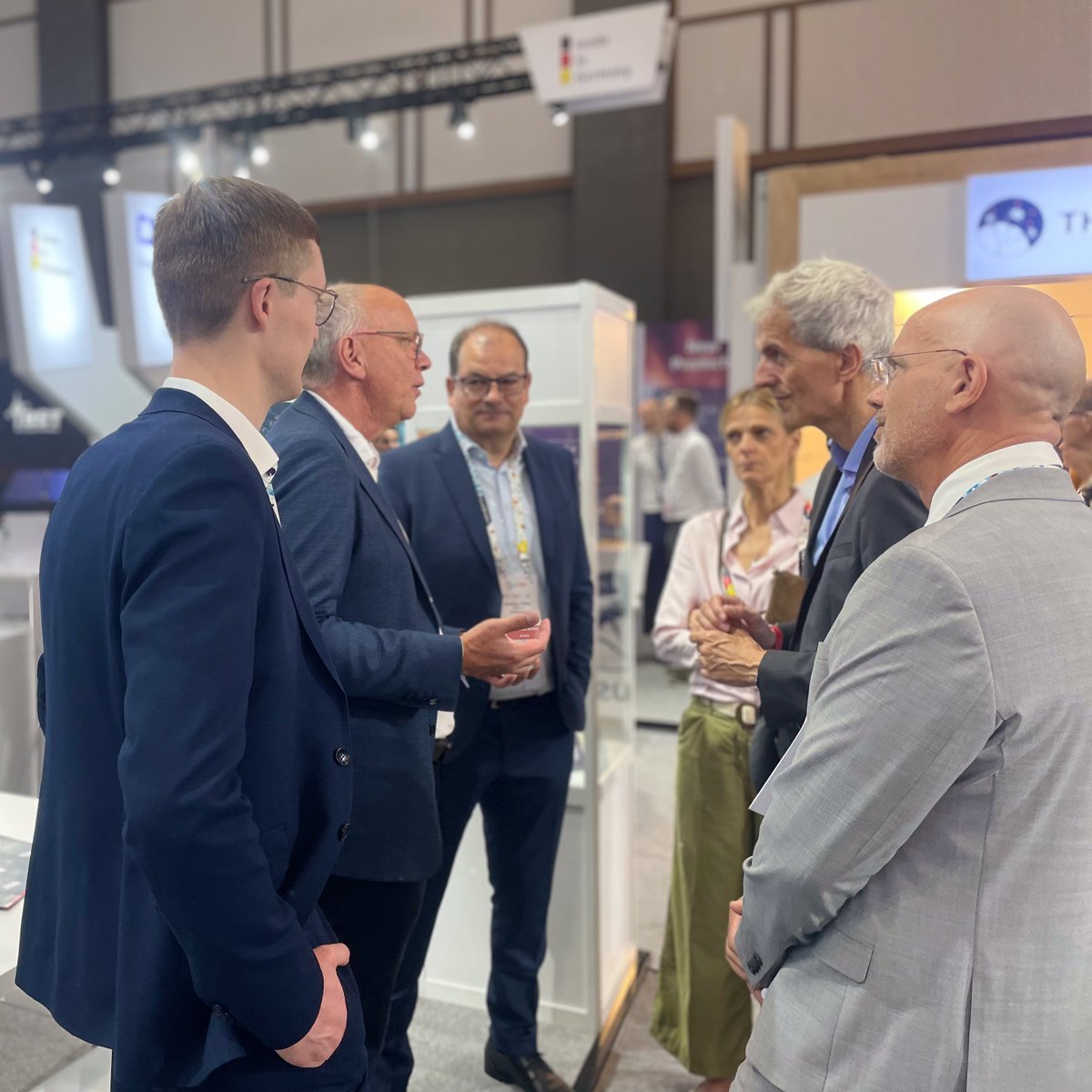 IQspacecom's tweet photo. Day three of IAC 2026, and our booth is still buzzing 🌌🛰️ Today, we had the pleasure of welcoming Dr.-Ing. Walther Pelzer, Director General of the Space Agency at DLR, together with Principal Managing Director Marie-Christine von Hahn from the BDLI to our booth 1F-08J. https://t.co/CcsS7mnWfm