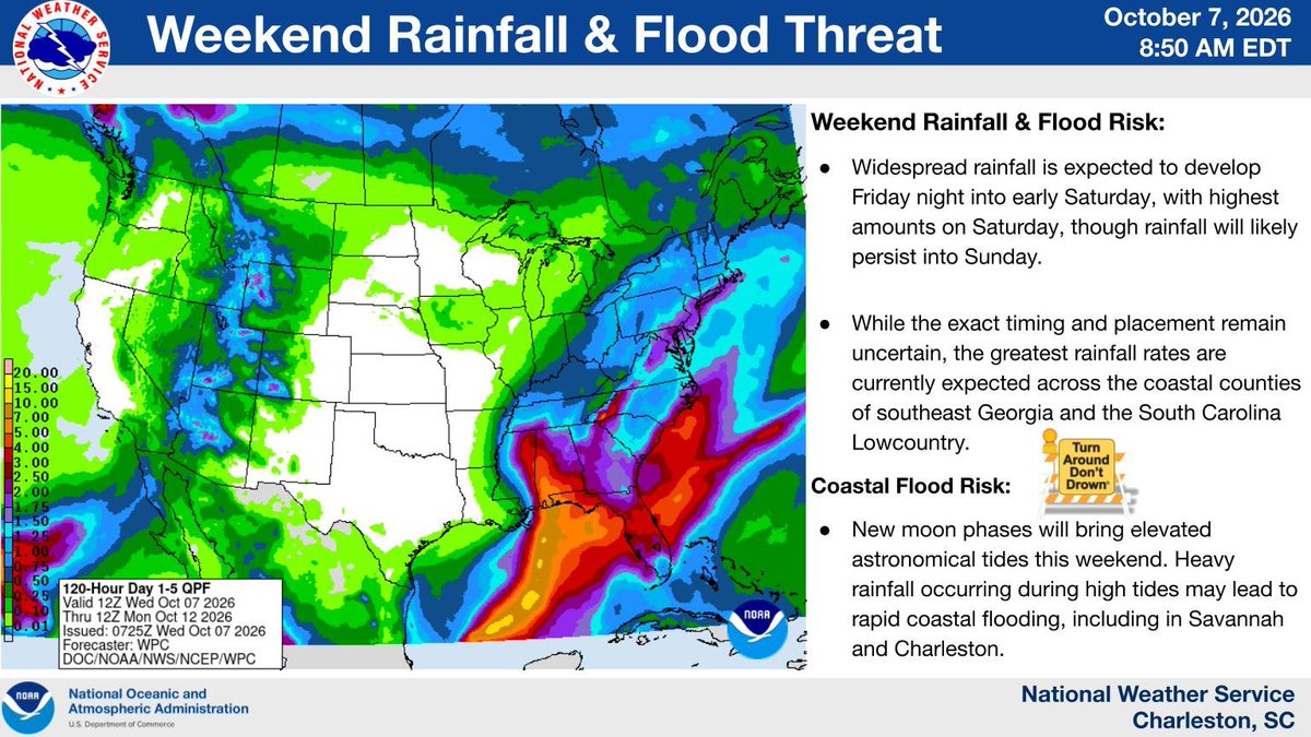 NWSCharlestonSC's tweet photo. Widespread rainfall is expected to develop Friday night into early Saturday, with highest amounts on Saturday. New moon phases will bring elevated astronomical tides this weekend. Heavy rainfall occurring during high tides may lead to rapid coastal flooding. https://t.co/r8RoHizgt2