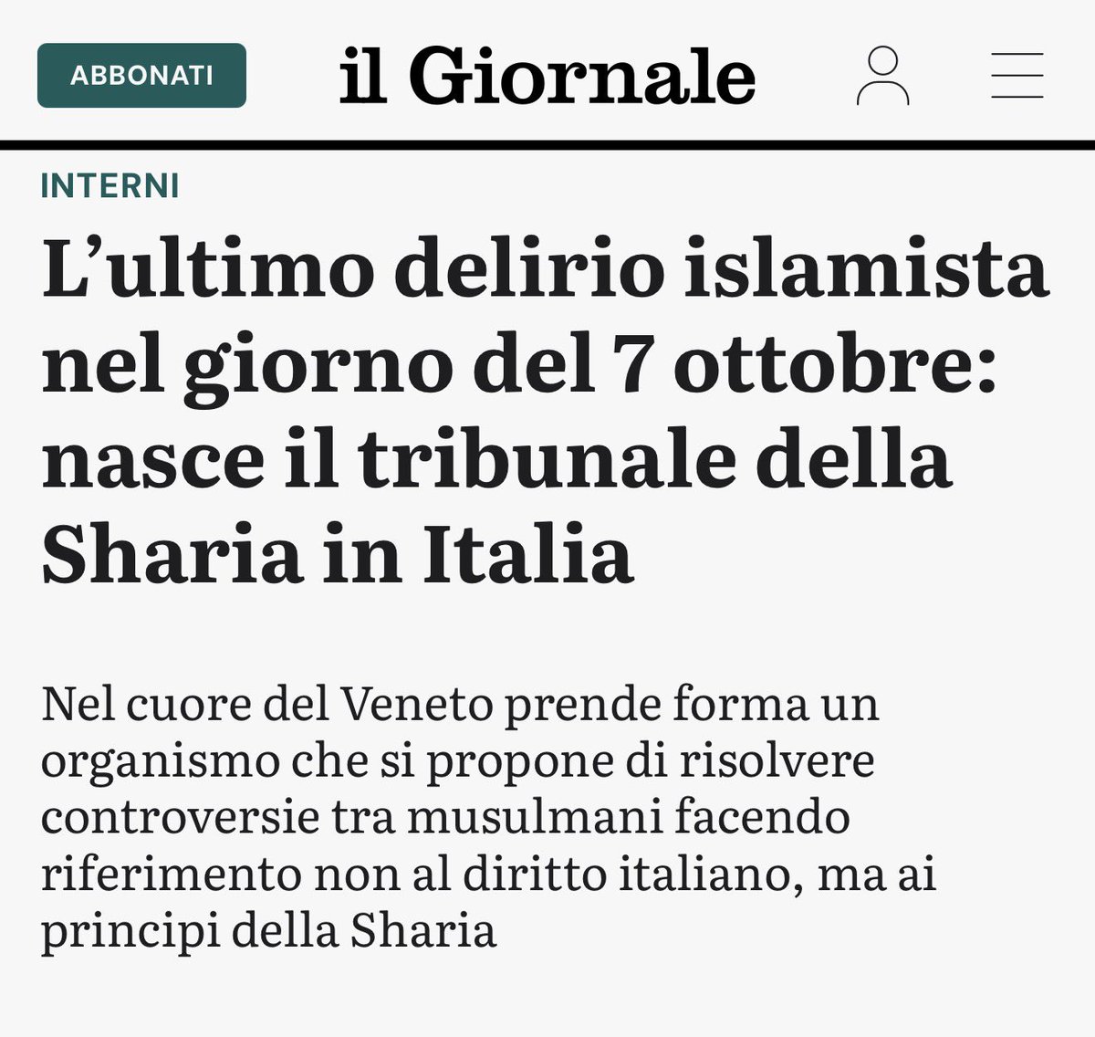 matteosalvinimi's tweet photo. La SHARIA anche in Italia? Assolutamente NO.

In Italia non possono esistere “tribunali islamici” né leggi parallele: esistono, e tutti devono rispettare, solo le leggi italiane.

Ho gia segnalato al ministro della Giustizia e al ministro degli Interni quanto denunciato dai cittadini di Padova, dove sarò nei prossimi giorni.

Stop all’Islam politico!