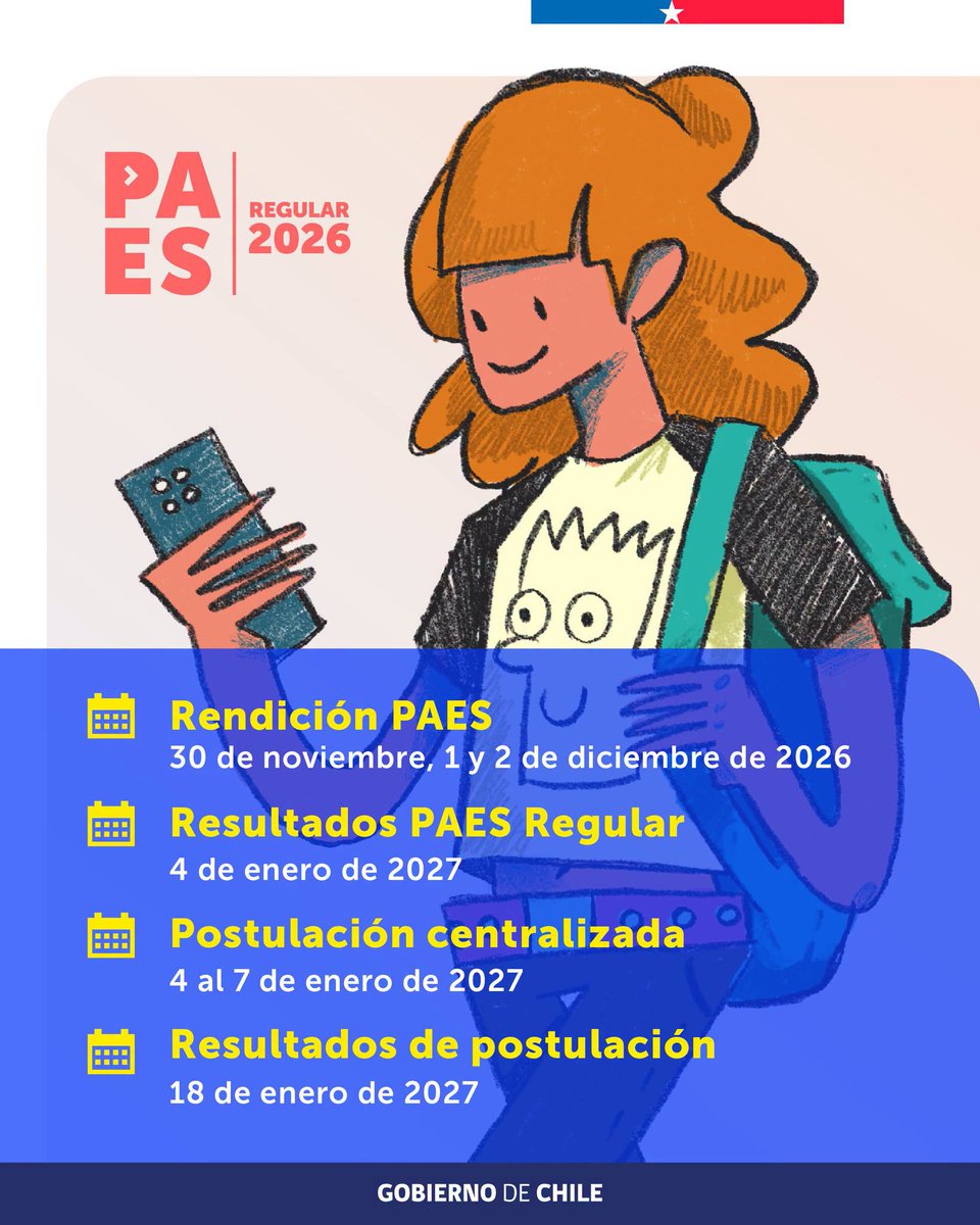 AyudaMineduc's tweet photo. Conoce y agenda las fechas claves de la admisión 2027.  

Revisa el calendario y prepárate para cada etapa del proceso (Rendición PAES Regular, resultados PAES Regular, postulación centralizada y resultados de postulación). 

 🔗 Más información en https://t.co/MVSV5hOUZb https://t.co/wbg3afHT7F