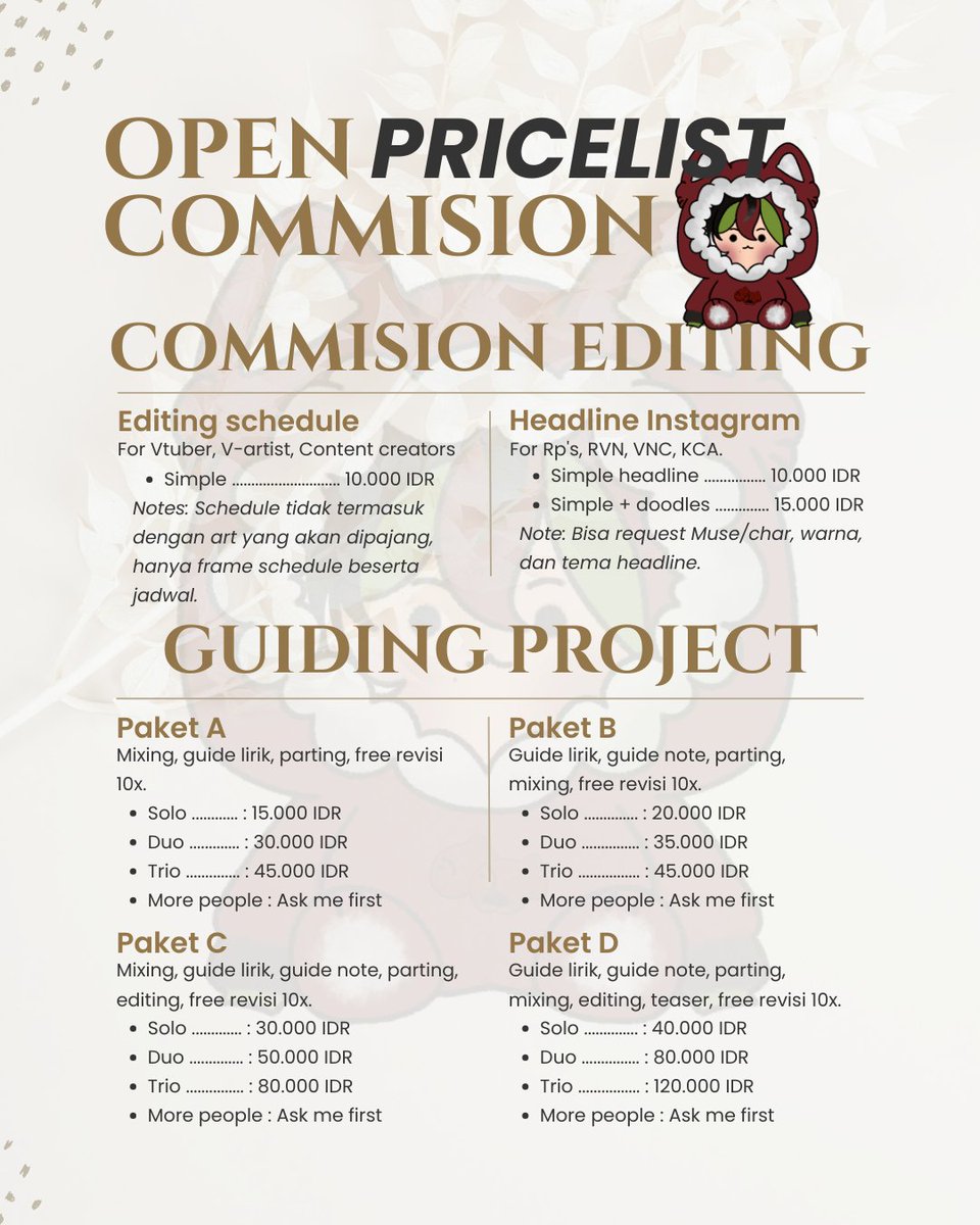 tiramizusui's tweet photo. OPEN COMMISION MIXING &amp; EDITING 🪶

Bagi teman-teman yang mau cover tapi mager, atau kesulitan untuk mixing &amp; editing bisa commision di aku ya. 

Untuk paket C, D dan editing MV full di batch ini, hanya tersisa yang tertera saja, untuk porto ada di bawah ini ya ✨.

#ZonaUang https://t.co/0UZk9jQ8Xl