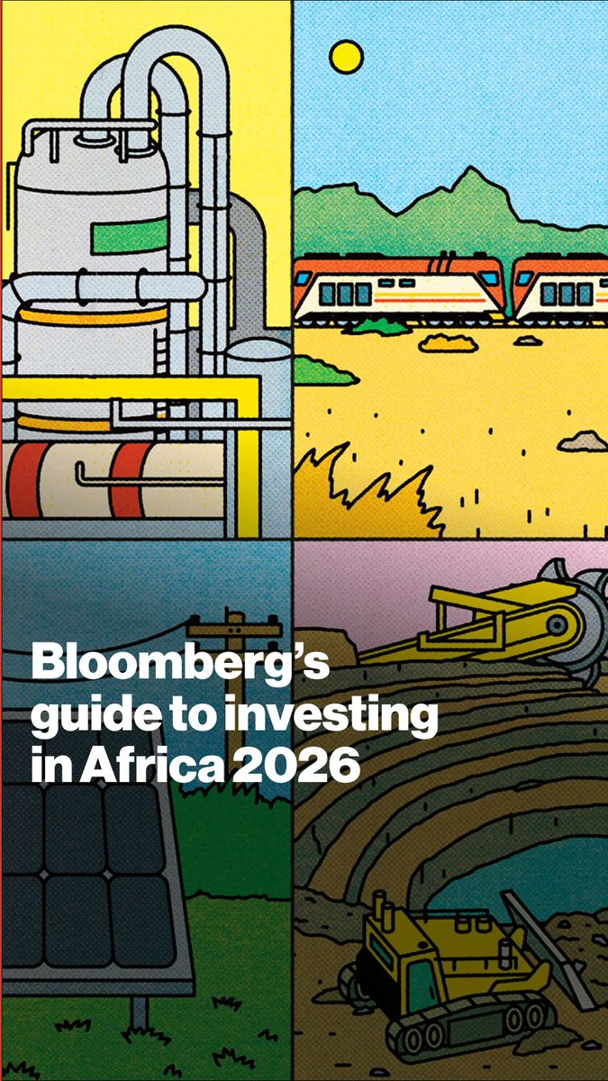 The image shows a stylized illustration divided into four panels depicting different African industries: an oil/gas refinery, a train traveling through a landscape, solar panels, and mining equipment, with the text "Bloomberg's guide to investing in Africa 2026" overlaid on the bottom panels. The illustration visually represents key sectors covered in the investor's guide—energy, transportation, renewable energy, and mining—that stand to benefit from current geopolitical conditions.