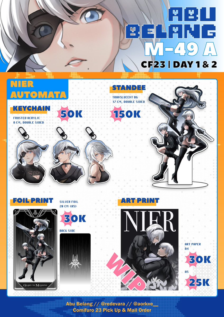 redevara's tweet photo. [💛 and 🔁 appreciated]
redevara’s &amp; aorkve’s #cf23 PO is now is open! 

📍Booth ABU BELANG (M-49 A)
🗓️ 7 Okt - 16 Okt
📦 Pick Up &amp; Mail Order
🌟Nier Automata, Inazuma Eleven, Persona, Deltarune Undertale, Chainsaw Man, Link Zelda, Pokémon, FF7, HSR
#comifuro23 #cf23catalogue https://t.co/lZ0SZvIP7f