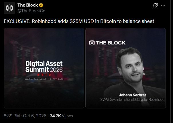 🟢 ROBINHOOD PUT $25M OF BITCOIN ON ITS BALANCE SHEET — first time ever. Thread. 🧵
THE ANNOUNCEMENT 📍
Johann Kerbrat (SVP Crypto & International) told @​TheBl
