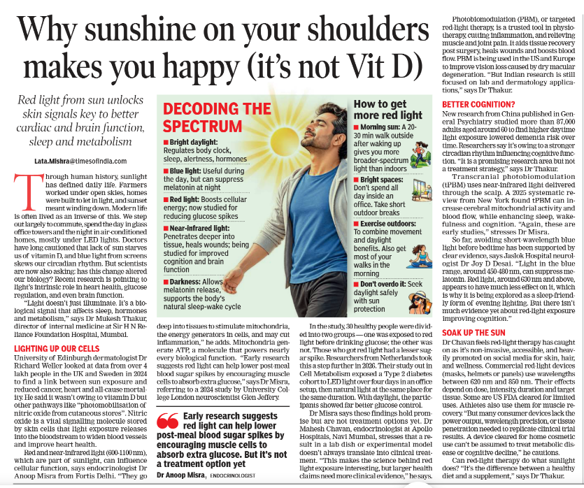 hyderabaddoctor's tweet photo. Sunlight does far more for your health than just synthesize Vitamin D! 

This article highlights fascinating science showing why natural sunlight boosts mood, cardiac health, and metabolic balance:
1. Nitric Oxide Release: 
Sunlight triggers the skin to release nitric oxide into the bloodstream, widening blood vessels and improving heart health.

2. Red & Near-Infrared Light: 
Penetrates tissues to stimulate cellular mitochondria, helping reduce inflammation, improve cellular energy (ATP), and potentially blunt post-meal blood sugar spikes.

3. Circadian Alignment: 
Morning light exposure anchors your body clock, enhancing daytime alertness and nighttime sleep quality.   

Practical Takeaway: 
Get 20–30 minutes of natural outdoor light every morning! 

(Credits: @TOIHyderabad)