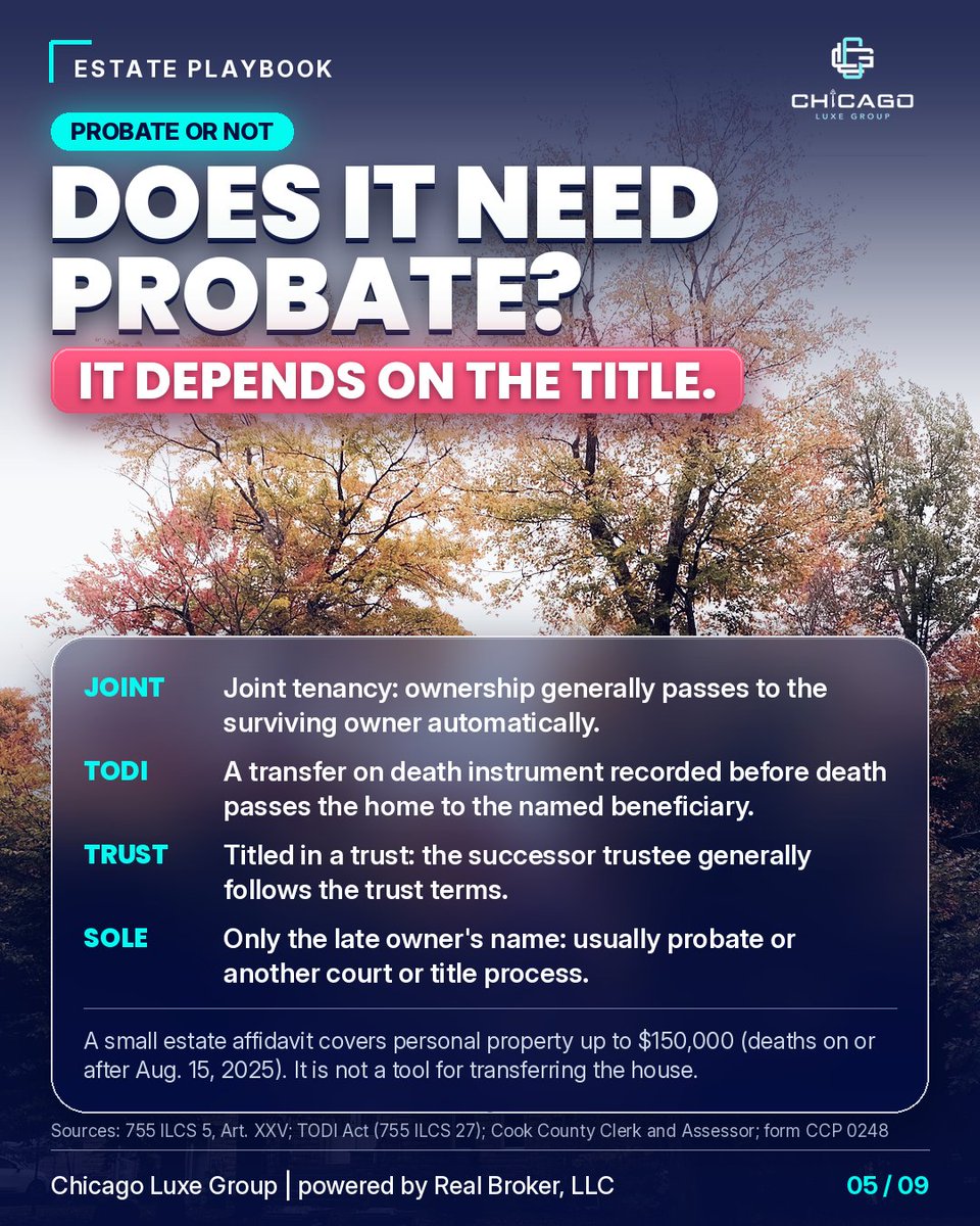 ChicagoLuxeGRP's tweet photo. Inherited a house? Put down the trash bags.

Secure it, call the insurer, find the will and deed, check if it needs probate, keep the bills paid. Then decide: keep, rent or sell.

Not legal or tax advice. Call or text Mike 872-246-7666
Chicago Luxe Group | Real Broker, LLC https://t.co/iAvIhNndnU