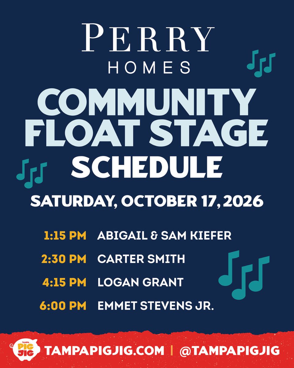 TampaPigJig's tweet photo. ⏰ Fresh off the grill: your Pig Jig stage schedule! Set times are LIVE for the Preferred Materials Main Stage and the Perry Homes Community Float Stage. Let’s get Pig Jiggin’! 🥳🙌🏼 https://t.co/ZqijViEhtw