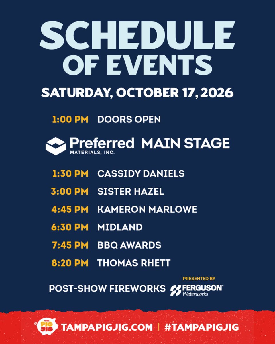 TampaPigJig's tweet photo. ⏰ Fresh off the grill: your Pig Jig stage schedule! Set times are LIVE for the Preferred Materials Main Stage and the Perry Homes Community Float Stage. Let’s get Pig Jiggin’! 🥳🙌🏼 https://t.co/ZqijViEhtw