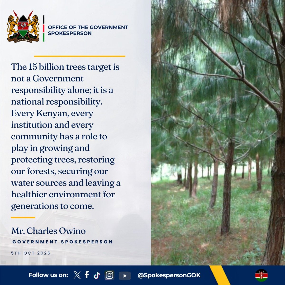 SpokespersonGoK's tweet photo. The 15 billion trees target is not a Government responsibility alone; it is a national responsibility.— Mr Charles Owino Government Spokesperson https://t.co/j1bMqdGox2