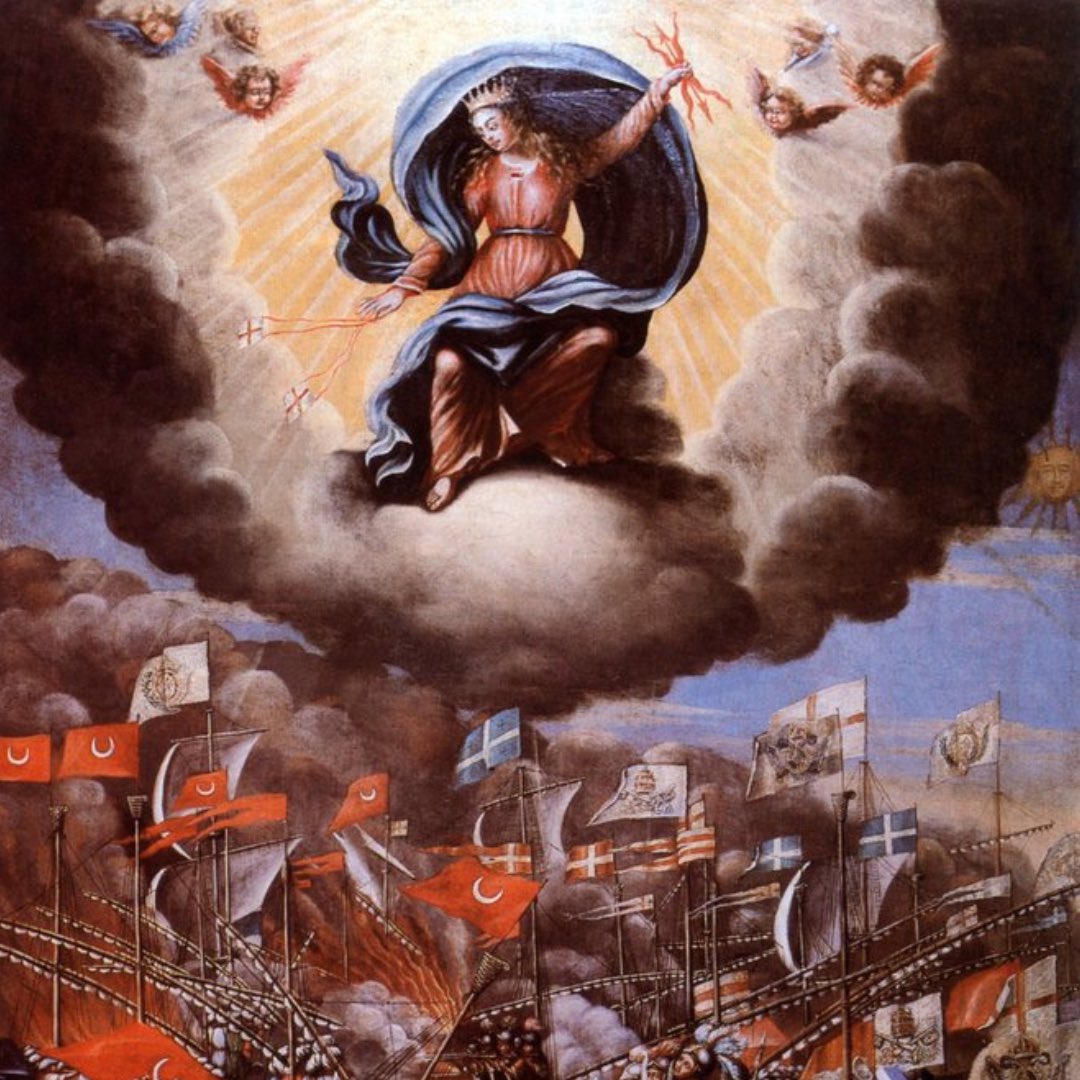 realDaveReilly's tweet photo. Never forget the Battle of Lepanto, October 7, 1571. The Holy League crushed the Ottoman fleet in the Gulf of Patras. Pope Pius V credited the victory to Our Lady of the Rosary, whose intercession was sought across Europe, and the day became her feast. A naval check on Ottoman expansion in the Mediterranean.