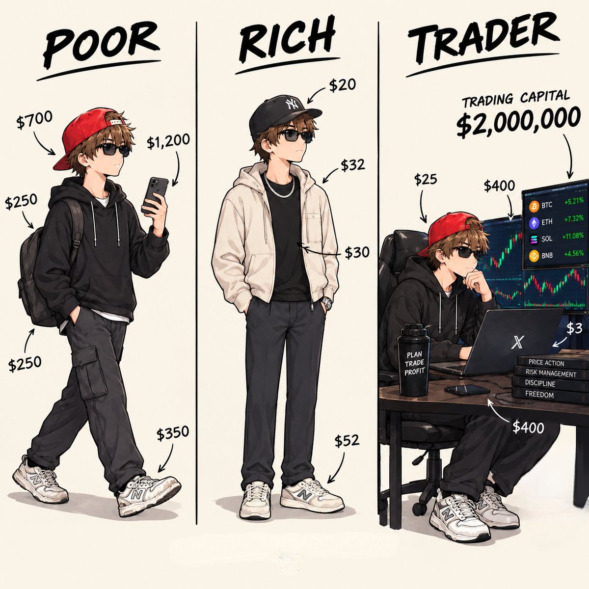 Shevia0x's tweet photo. POOR → RICH → TRADER 📈

Everyone wants the RICH life…
but traders know the real struggle. 💀

Be honest — where are you right now? 👇
😭 POOR | 😎 RICH | 🧠 TRADER

Drop your stage in the comments.
Let’s see how many traders are here 👀🔥 https://t.co/fOkte5IDvM