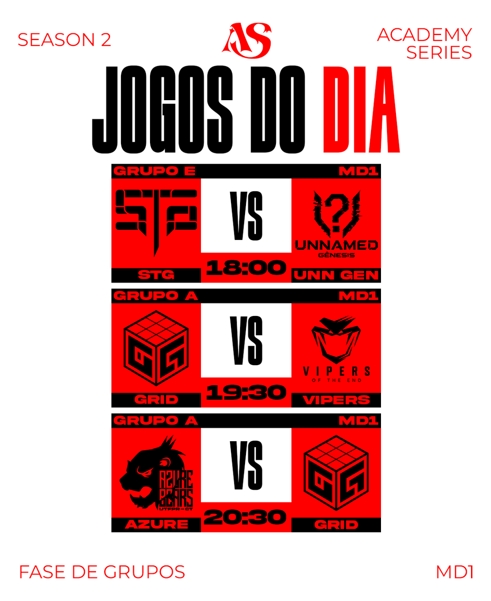 academyseriesvl's tweet photo. 🔴 @STGjund  vs Unnamed Gênesis
🕗 18:00
🎮 MD1 — Grupo E
------------------------------------------
🔴 @GridGamersGG  vs @VIPERSOFTHEEND  
🕗 19:30
🎮 MD1 — Grupo A
------------------------------------------
🔴 @azure_bears  vs @GridGamersGG 
🕗 20:30
🎮 MD1 — Grupo A https://t.co/37E8whqfrK