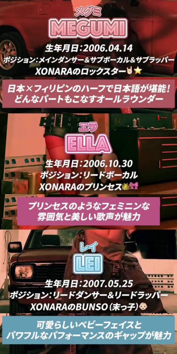 kurosisiw's tweet photo. ICYMI: #XONARA's profiles 
Based on @umj_asia's posts

Eng trans that includes their birthday, positions, and charm points ✨
UMJ also used different colors for each members so I tried matching them (not 100% sure with some colors tho) https://t.co/PY633UTeAR