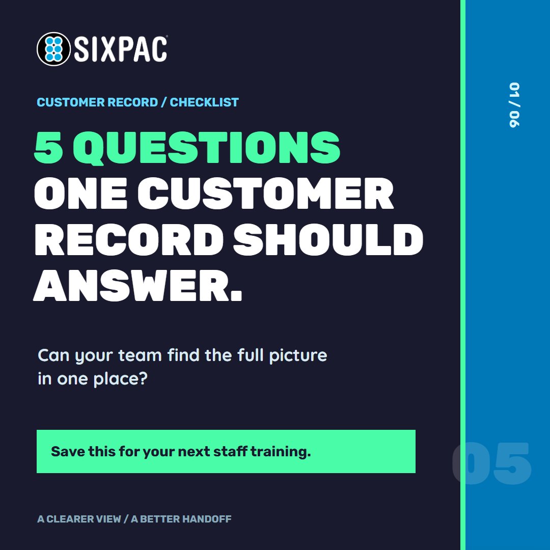 getsixpac's tweet photo. One customer record should answer: who they are, what they booked or bought, document status, account status, and what staff need to know. Can yours answer all five? #CRM #SIXPAC https://t.co/0fOKRtcQbU
