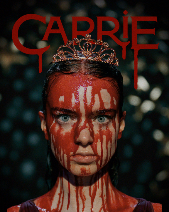 The poster for "Carrie" features a young woman wearing a tiara, her face and neck covered in dripping red blood that resembles a stream of crimson tears, set against a dark, sparkling background. The bold red "CARRIE" title drips above her head, evoking the iconic prom scene horror that the post references with its tagline inviting viewers to "take Carrie to the prom" on Prime Video.