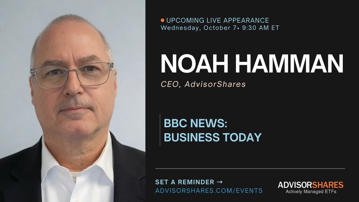 AdvisorShares's tweet photo. LIVE TODAY! at 9:30 AM ET, Noah Hamman @HammanShares joins BBC News: Business Today to discuss stocks at record highs despite elevated rates, what the latest jobs and inflation data mean for the Fed, and what earnings are telling us about the consumer and the AI-driven build boom.

Watch live: https://t.co/3vVZmN2MMv @BBCWorld