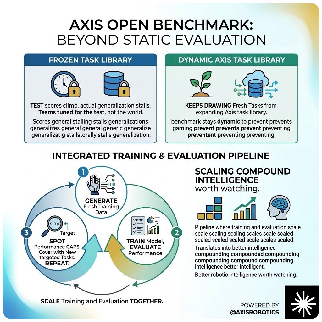 AXIS benchmark graphic contrasting frozen test libraries with a dynamic task library and an integrated generate-train-evaluate-repeat loop
