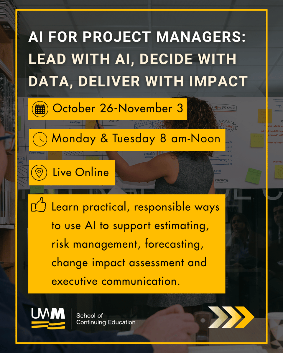UWMContinuingEd's tweet photo. Every project is an opportunity to learn. 

With our Project Management courses, we'll help you add new techniques to your skillset. 

From managing your project scope and budget to learning the power of AI in decision making, we've got you covered. https://t.co/kAOQf0qNuS https://t.co/NDtngm6EWC