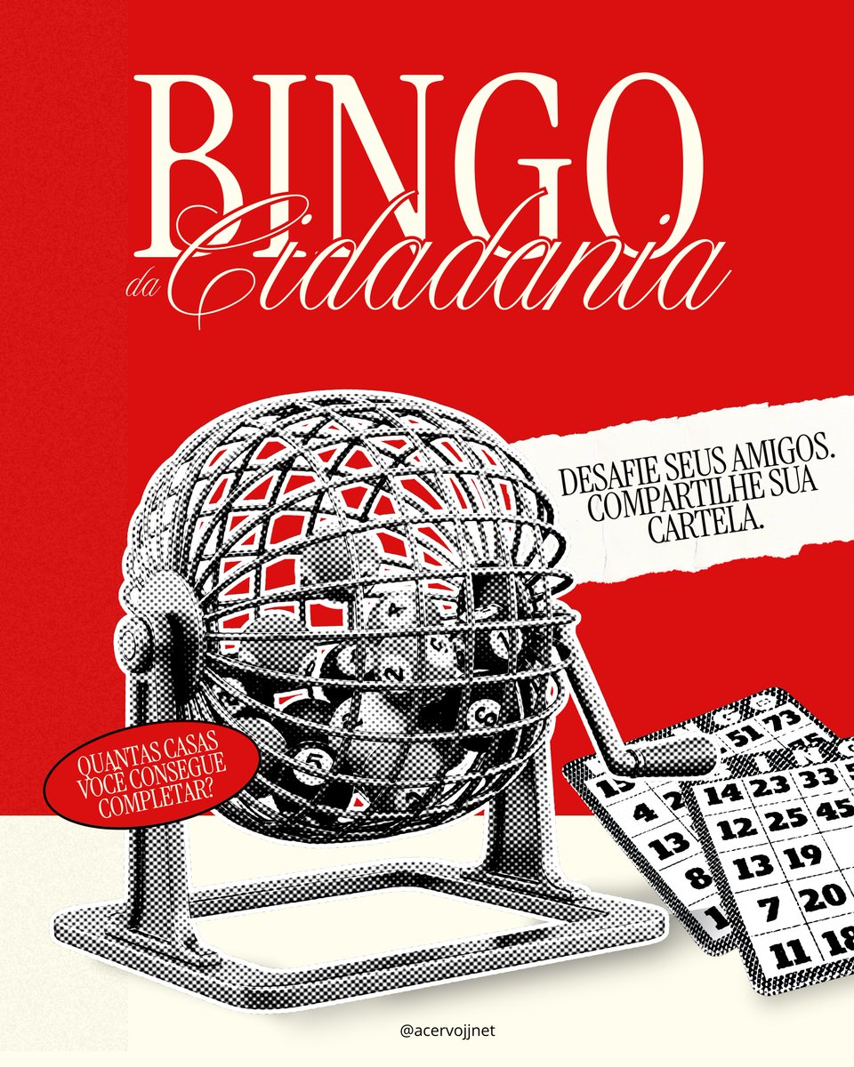acervojjnet's tweet photo. 🧩BINGO DA CIDADANIA

Não sabe como começar uma conversa para captar votos brancos, nulos ou abstenções dos seus amigos, familiares e conhecidos? A gente te ajuda!

O acervo criou quatro cartelas de bingo para ajudar a quebrar o gelo e dar início a reflexões e conversas enquanto vocês jogam. 

A primeira é o Bingo da Cidadania!

📲 Compartilha seu bingo nos comentários, marca alguém pra jogar com você e use as hashtags!

#FandomsComLula #Eleições2026 #EleNão