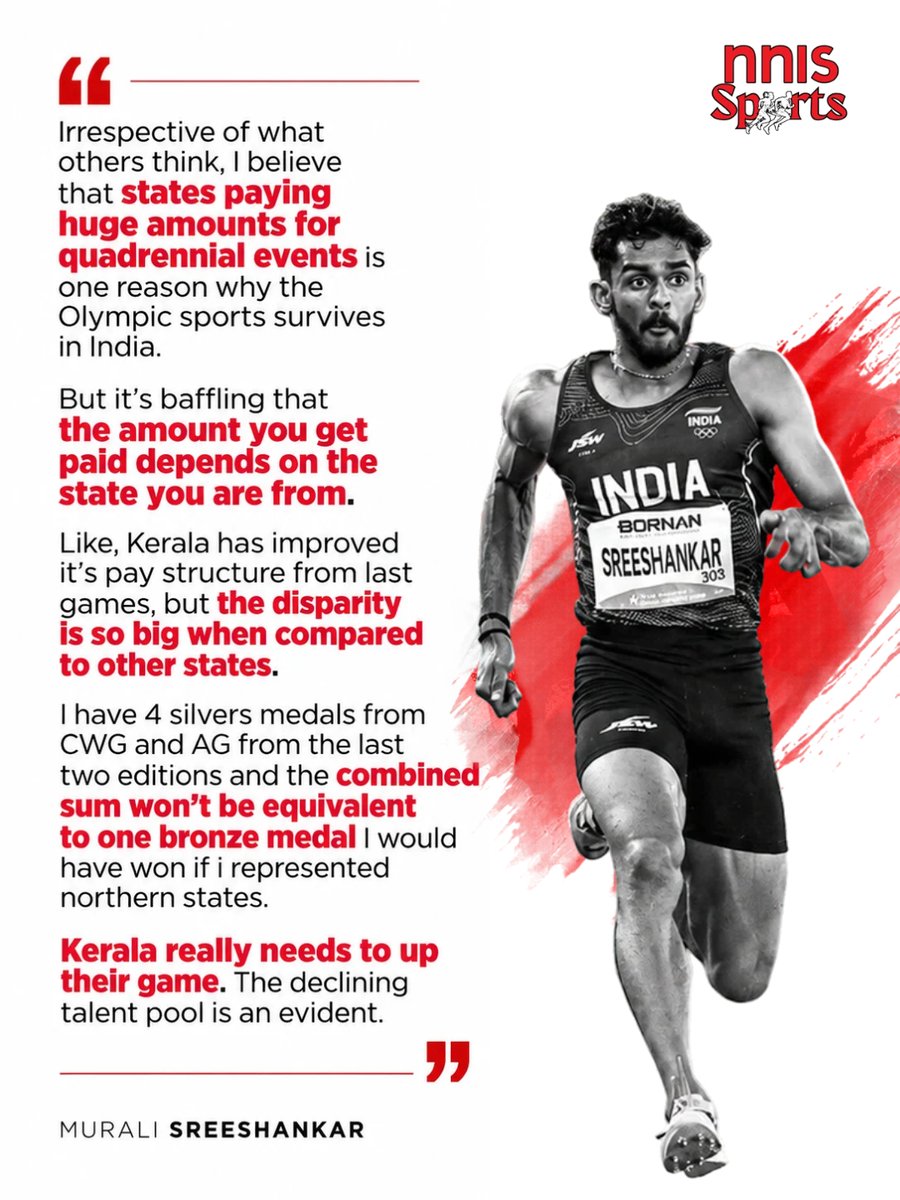 nnis_sports's tweet photo. 🗣️ “I have 4 silver medals from CWG and Asian Games, and the combined sum won’t be equivalent to one bronze medal of other states” - Murali Sreeshankar

India’s long jumper Murali Sreeshankar has criticised the disparity in state cash incentives for Asian Games medal winners.

Kerala’s latest incentive structure offers: Gold - ₹50 lakh, Silver - ₹30 lakh and Bronze - ₹20 lakh.

Sreeshankar said: “Kerala really needs to up their game. The declining talent pool is evident.”

In comparison, Haryana and Uttar Pradesh offer significantly higher incentives, with ₹3 crore for gold, ₹1.5 crore for silver and ₹75 lakh for bronze.

For reference, Murali Sreeshankar, after winning consecutive silver medals at the Asian Games, would receive ₹30 lakh per silver medal under Kerala’s current policy. 

Meanwhile, Kiran Pahal, who won a gold medal as part of India’s Women's 4x400m relay team, would be awarded ₹3 crore under Haryana’s state policy.

#MuraliSreeshankar #AsianGames2026 #IndianAthletics #Athletics #Kerala #Haryana #UttarPradesh #SportsIncentives #NNISSports @afiindia @Media_SAI @khadseraksha @mansukhmandviya @SreeshankarM @iprdkerala