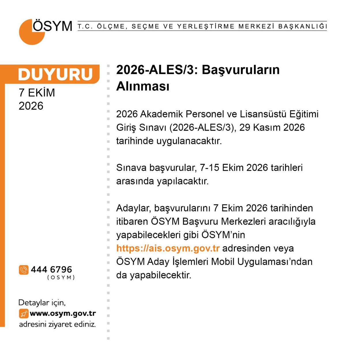 OSYMbaskanligi's tweet photo. 2026-ALES/3: Başvuruların Alınması

https://t.co/HippJyIcpo https://t.co/49oEs5XXzJ