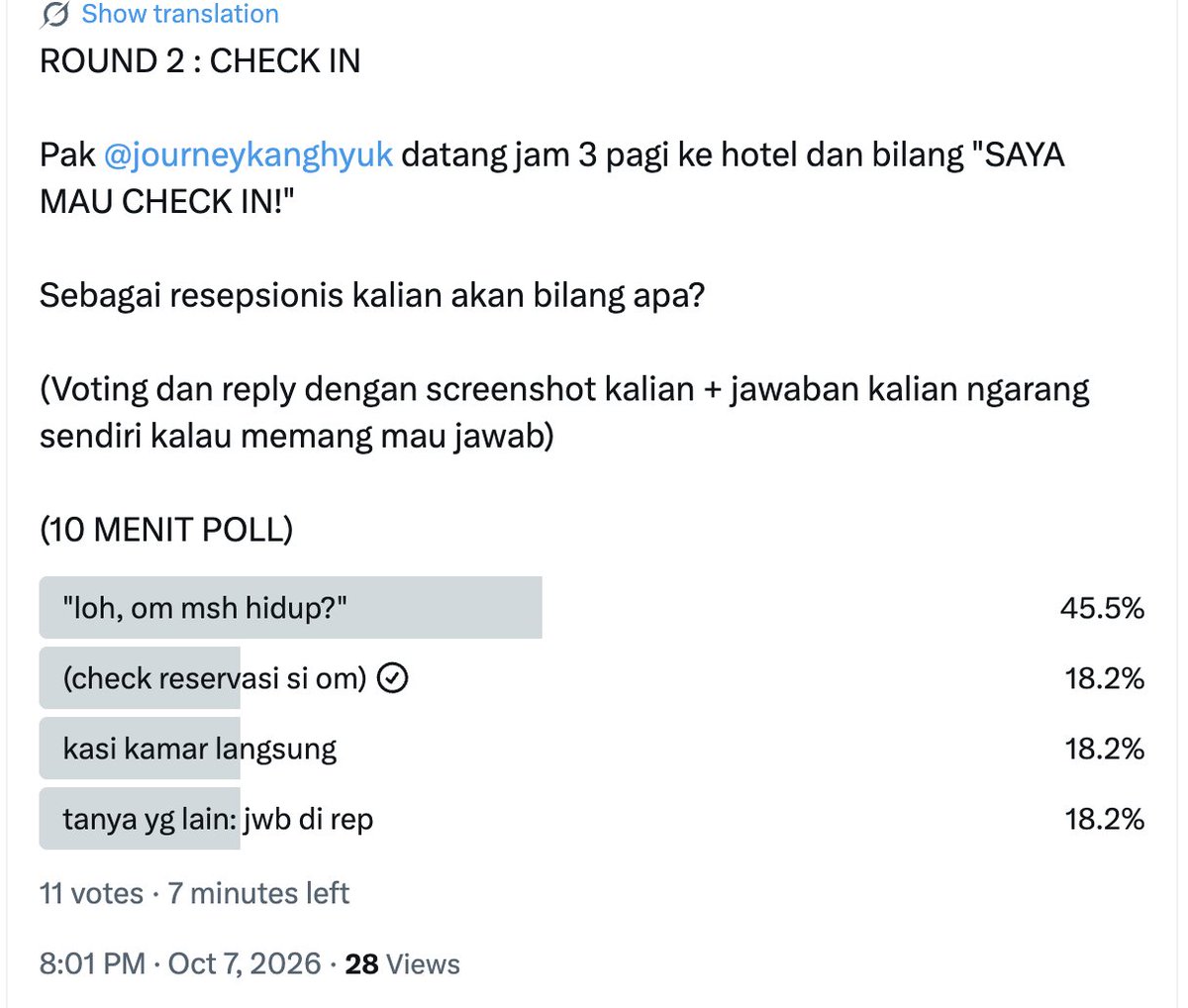 journeyphat's tweet photo. @journeymanwol2 @journeykanghyuk "Selamat datang di hotel kami. Baik, akan saya bantu cek terlebih dahulu ya, reservasi atas nama siapa, Pak? Tidak ingat? Tidak masalah, saya dukun dengan indra keenam." https://t.co/uGuUuUdc7f