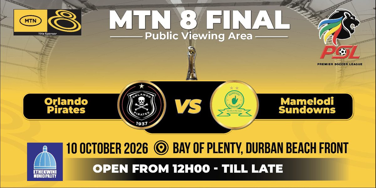 MMStadium's tweet photo. The MTN8 Final comes to the Bay! 🏆
Experience the MTN8 Final at our Public Viewing Area with live entertainment and matchday vibes!
📍 Bay of Plenty | 10 October | From 12H00 till late

#MTN8Final #5DaysToGo #MosesMabhidaStadium #WafaWafa https://t.co/mGxMbdrIIm