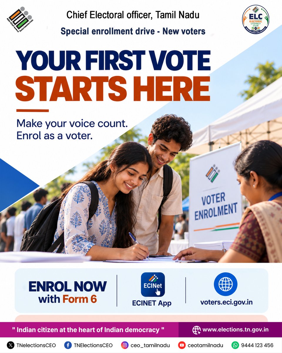 TNelectionsCEO's tweet photo. ENROL NOW!

"New voters enrollment special drive"

#ECI

@ECISVEEP @DEOThoothukudi
@DEO_KKI @MaduraiDeo @deo_thanjavur @DEOTvm
@CBEELECTION @ElectDindigul @DeoErode
@deotirunelveli @TiruvarurDeo @KallakurichiDeo @DEOMYLD @electionranipet @Deo_Tirupathur
@ChengalpattuDeo @DEO_Tenkasi @deo_cuddalore
@KgiElection @ElectionVellore @nmkelec2016 @deo_salem @ElectionDPI @DeoViluppuram @ramnadsveep2016 @TNilgiris @deokarur @deotrichy
@deonagai @deoputhukkottai @deosivaganga
@Deoariyalur @thenielection @deovnr @DeoKancheepuram @DEO_Thiruvallur
@deo_chennai @deotiruppur @collrpmb1