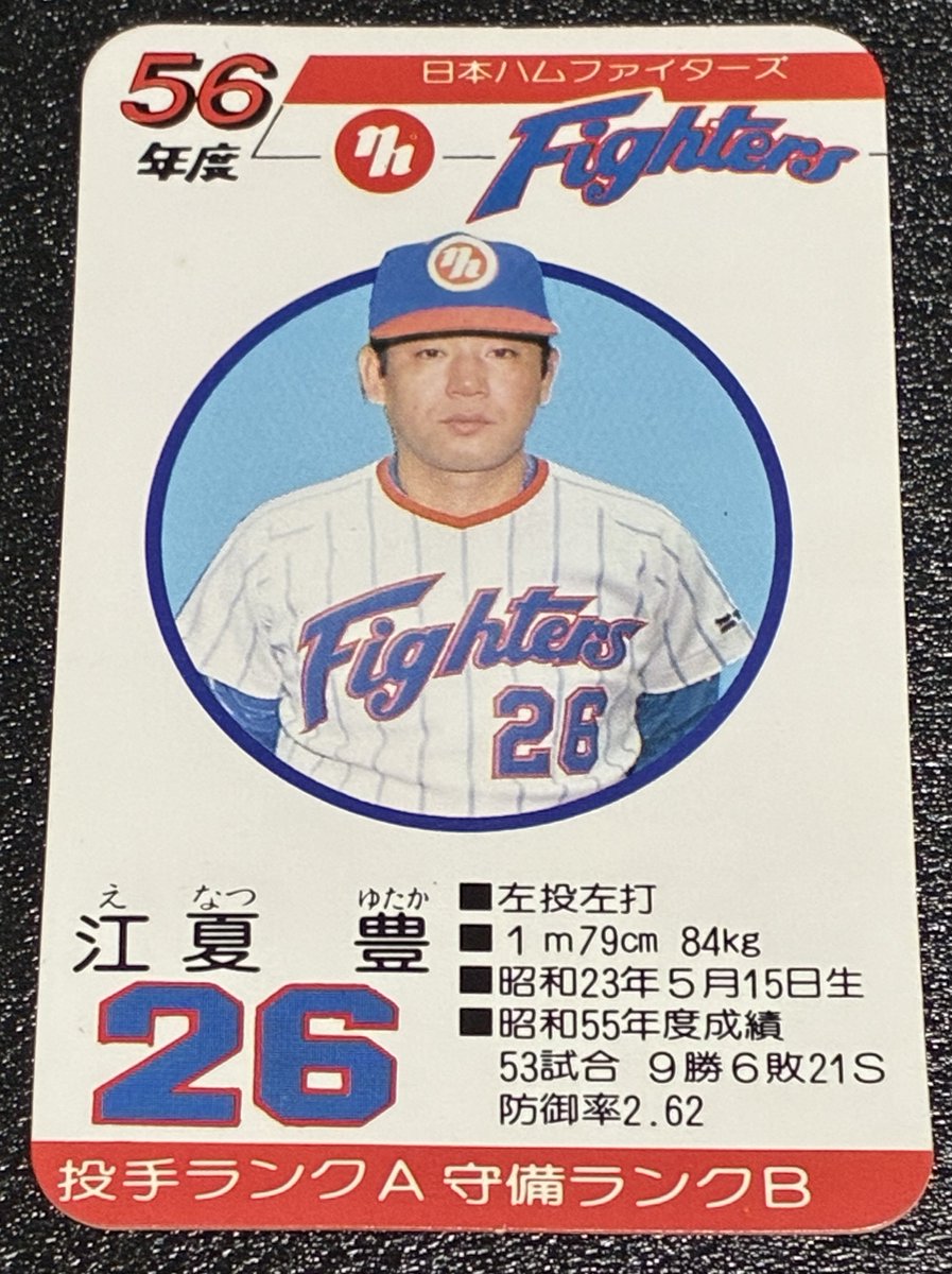 Tbaseballcard's tweet photo. 今日は大沢監督の命日ってことで日ハム繋がりで

タカラプロ野球カードゲーム
昭和56-58年度版　江夏豊　
日本ハムファイターズ

江夏の日本ハム時代のカード。
昭和55年シーズンオフに高橋直樹とのトレードで日本ハムへ移籍。
4年振りのパリーグでも変わらぬ存在感を見せ 25S を上げて見事に大沢日本ハムを初優勝に導いた。
本塁打王のソレイタ、15勝無敗の間柴を抑えて自身2度目のMVPを受賞。
セパ両リーグでのMVP受賞は史上初の快挙。
まさに優勝請負人の名に相応しい活躍だった。
日本ハム時代は3年連続で最多セーブ投手を受賞。
まさにクローザー江夏の集大成とも言える3年間だった。