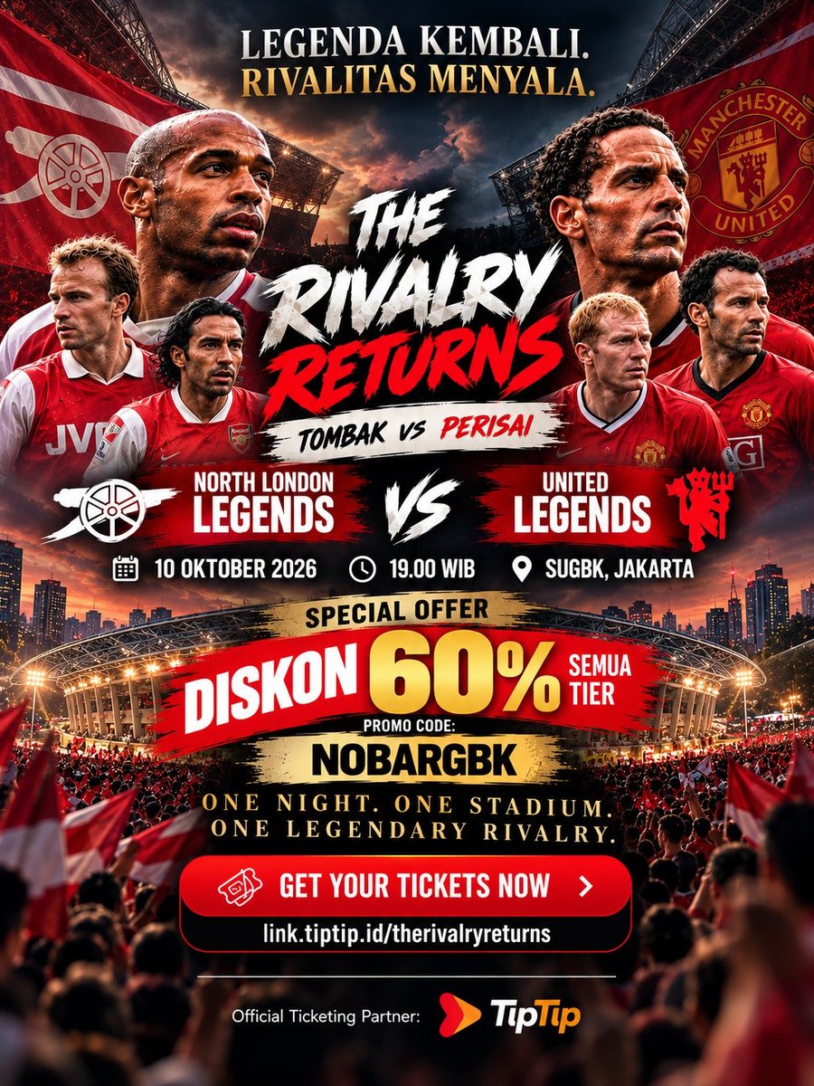 urbabyjuny's tweet photo. Rivalry-nya MU vs Arsenal Legend kembali, nostalgia-nya dapet, atmosfer GBK-nya juga dapet. ��‍💨
Jangan cuma lihat highlight-nya nanti. Datang dan saksikan langsung!
#TheRivalryReturnsAtGBK https://t.co/MKFu5mFSxW