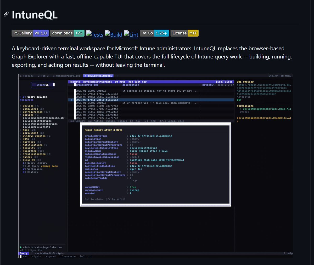 AndySvints's tweet photo. Weekly PowerShell Module Spotlight #40: IntuneQL

• interactive query builder & built-in Intune queries
• export to CSV, JSON, PowerShell, and cURL
• device remediation actions 

Complete terminal workspace for Microsoft Intune admins. 

https://t.co/u8dScIuOKv

Maintained by @ugurkocde