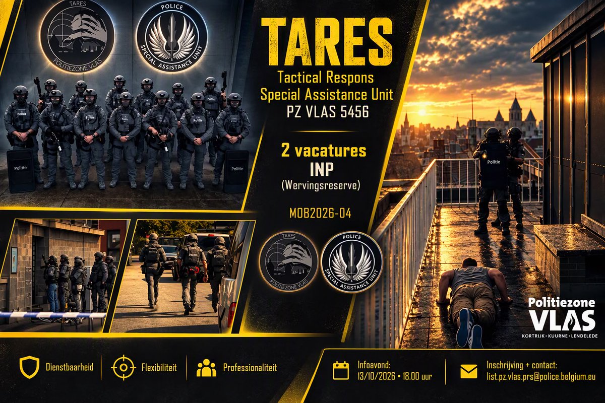 pzvlas's tweet photo. 🎯Graag maken we binnen de Mobiliteit 2026-04 wat extra promo voor het Tactical Responsteam (TARES) van PZ Vlas✅ Momenteel zijn daar 2 vacatures voor inspecteurs👮 Alle info over deze heel specifieke politiefunctie krijg je te horen op onze jobinfoavond op  dinsdag 13 oktober👇 https://t.co/Cxa0zzAqac