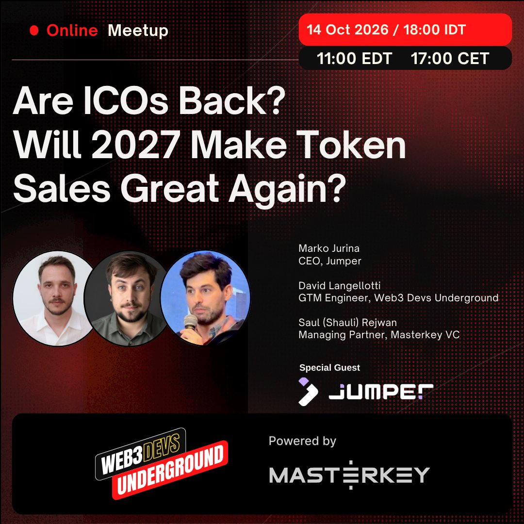 Web3_Devs's tweet photo. Just in: @jumperapp's JUMP sale on @legiondotcc drew $48.6M in applications at a $3M hard cap. 16x oversubscribed.

Next week, Jumper CEO @zord4n joins @notdevid and @SHAP0W to break down how.

Are ICOs back?

📅 Wed Oct 14 · 🕐 18:00 IDT · 📍 ONLINE

https://t.co/zRGsWUKnSd