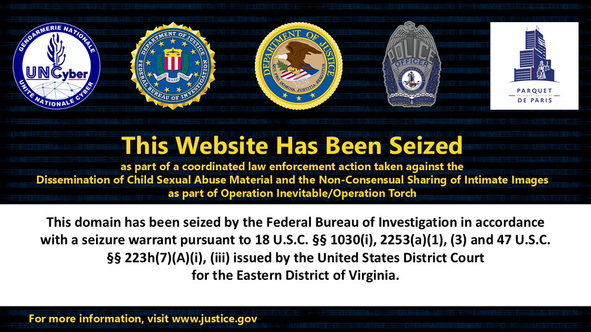 FBICyberDiv's tweet photo. Today, @FBIWFO, @EDVAnews, and our French law enforcement partners announced the seizure of two domains associated with NudeLeakTeens (NLT), a site used to advertise for sale leaked, sexually explicit images and videos depicting young women and girls. French law enforcement partners simultaneously arrested a man suspected to have been the main administrator of NLT.
 
These actions were taken as part of Operation Inevitable, a coordinated law enforcement operation against the dissemination of child sexual abuse material (CSAM) and non-consensual publication of intimate images. For more on the investigation, read https://t.co/zF2Y7qE27S
 
If you believe you are a victim, please report it at https://t.co/wqQWATsWkf