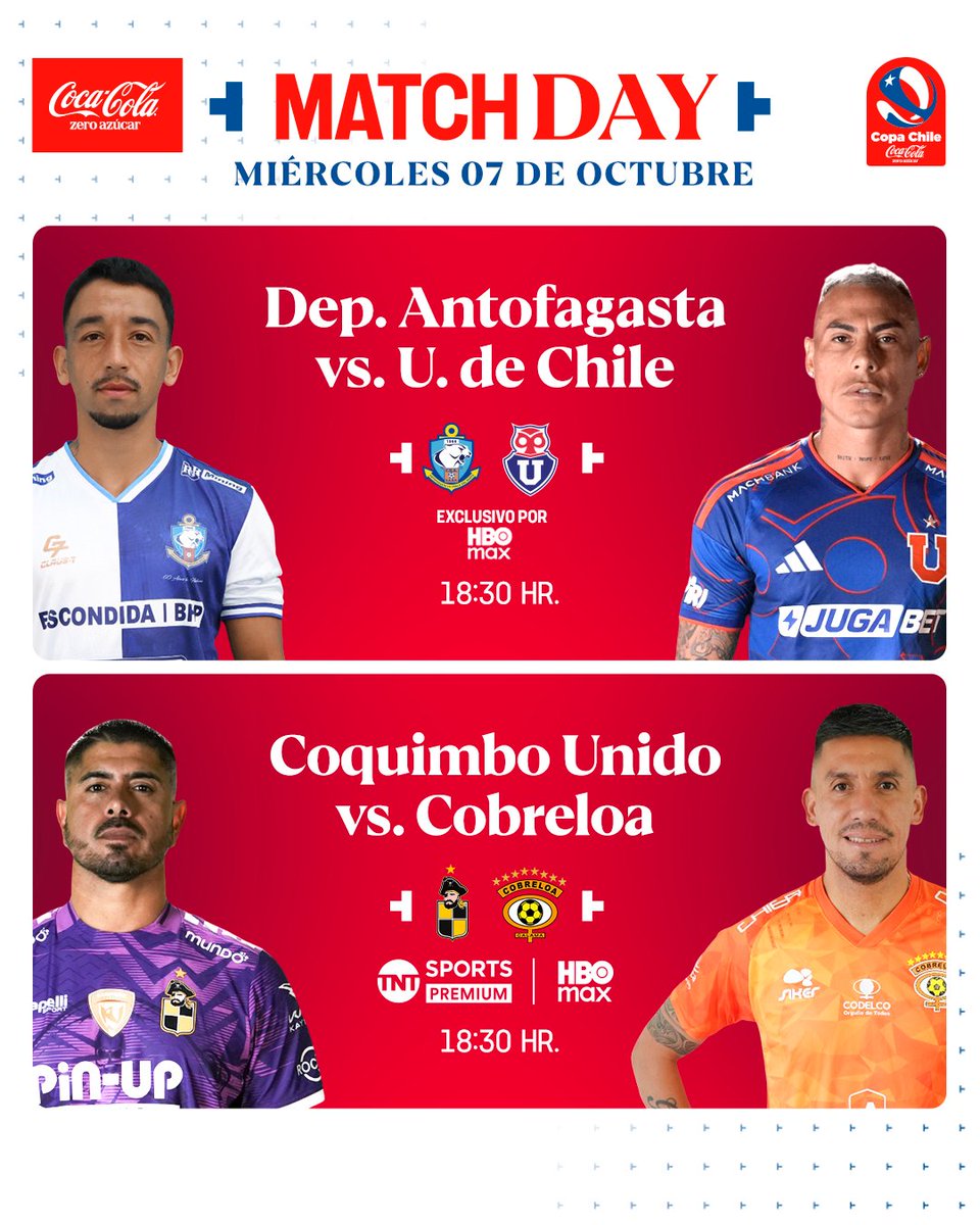TNTSportsCL's tweet photo. ⚽🏆📺 ¡Jornada por duplicado!

Estos son los dos partidos de la #CopaChileCocaColaZeroAzúcar 2026 que se robarán las miradas en este #MatchdayMiércoles, la cual comenzará con el choque entre Deportes Antofagasta y #LaU.

El duelo entre Pumas vs. Azules se verá en exclusiva y en Full HD por HBO MAX. Si cuentas con TNT Sports Premium, accede con los datos de tu cableoperador y míralo sin pagar más. Entra a https://t.co/5VBUvOrYDY y conéctate. #ExclusivoHBOMax.

¿Quieres tu Coca-Cola Zero Azúcar y ahorrar al mismo tiempo? ¡Con las retornables es posible! Solo tienes que devolver tu botella y llevarte una nueva pagando únicamente el líquido. ¡Pruébalo! #CocaColaZeroAzúcar.

Disfruta lo mejor del fútbol chileno. Suscríbete a #TNTSportsenHBOMax 📲💻 Link en la BIO 📍