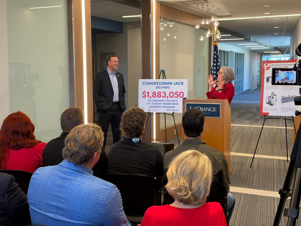 RepBrianJack's tweet photo. Yesterday, I was honored to visit LaGrange College to deliver an initial $1.88 million federal investment in STEM education and workforce development at LaGrange College.  This funding will grow the Manufacturing Engineering Technology degree to prepare students for skills-based careers across our part of Georgia.

Earlier this year, I brought the U.S. Secretary of Education Linda McMahon to our Congressional District to discuss the need for additional investment in workforce development, and I am grateful for her support of LaGrange College’s 21st Century Workforce Readiness Program.

Thank you to Dr. Susanna L. Baxter for your partnership, and thank you to Coach Wes Dodson for inviting me to visit your football team! 

@LaGrangeFTBL 
@LaGrangeCollege 
@CoachWMD 
@usedgov