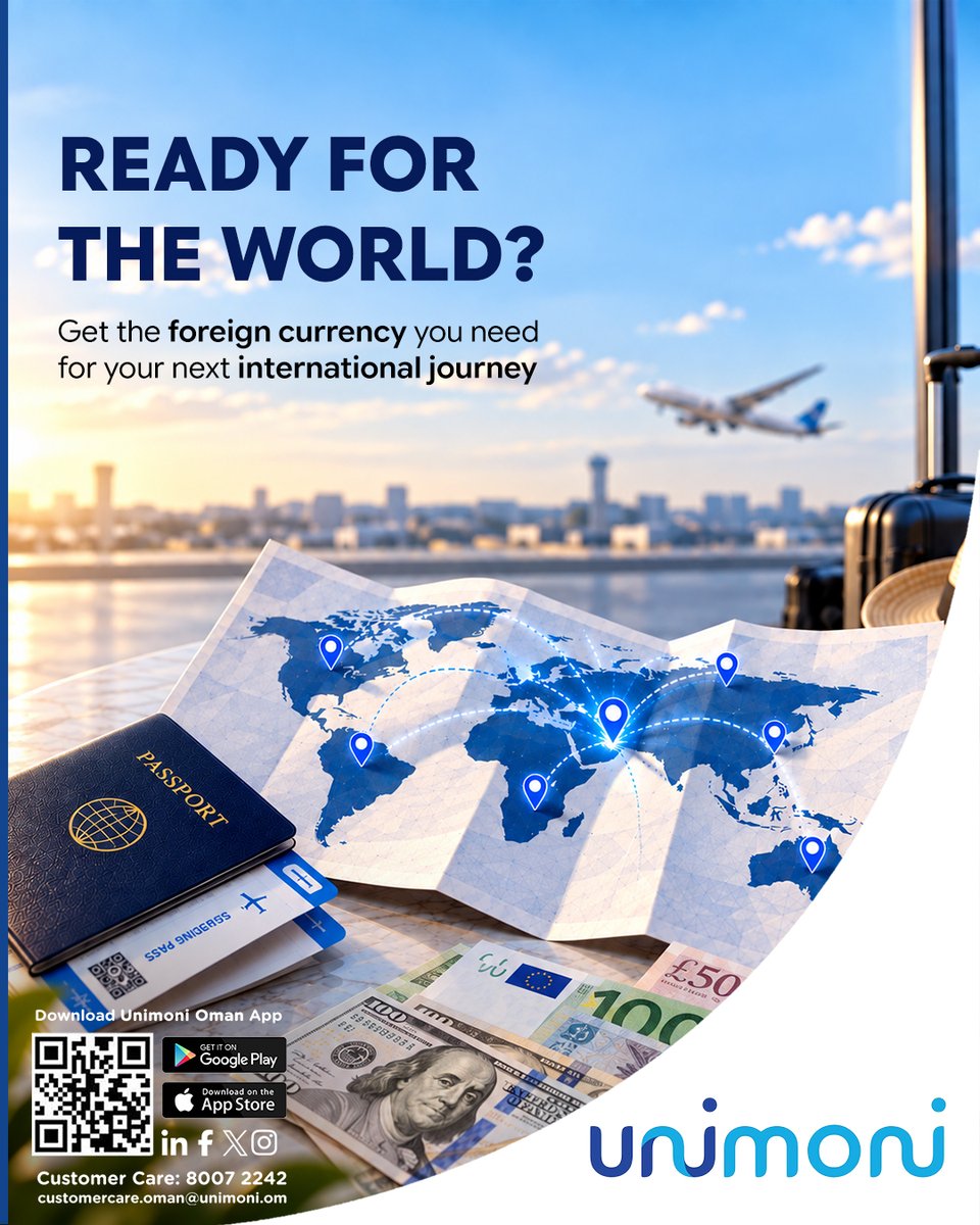 UnimoniOman's tweet photo. Ready for your next international travel? โ๏ธ
Get the foreign currency you need with Unimoni Oman and travel with confidence.
Visit any of our branches for convenient currency exchange and get ready for the world.
#SecureTransfer #unimoni #unimonioman #unimoniexchange #unimoniapp https://t.co/zwPZ8NEF4i