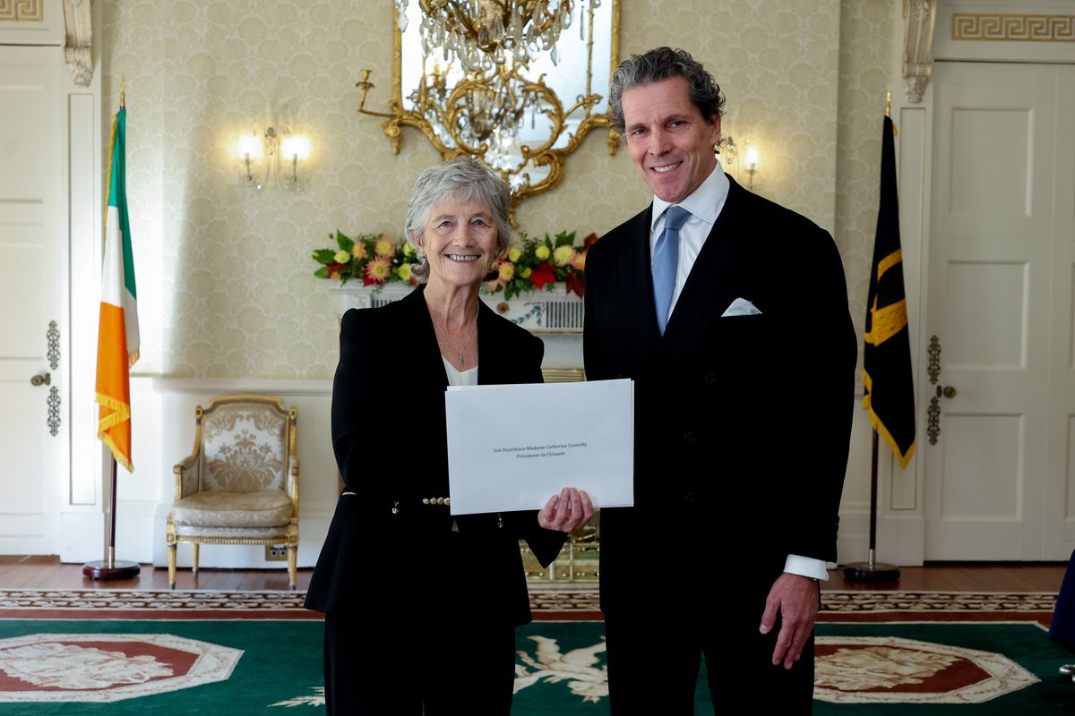 dfatirl's tweet photo. Welcome to Their Excellencies, Marc de Bourcy, Ambassador of the Grand Duchy of Luxembourg, Joo-yeon Ellen Kang, Ambassador of the Republic of Korea, and Ossama Elhady, Ambassador of the Arab Republic of Egypt, who presented their Letters of Credence to President Connolly today. https://t.co/sEoWD5yJqH