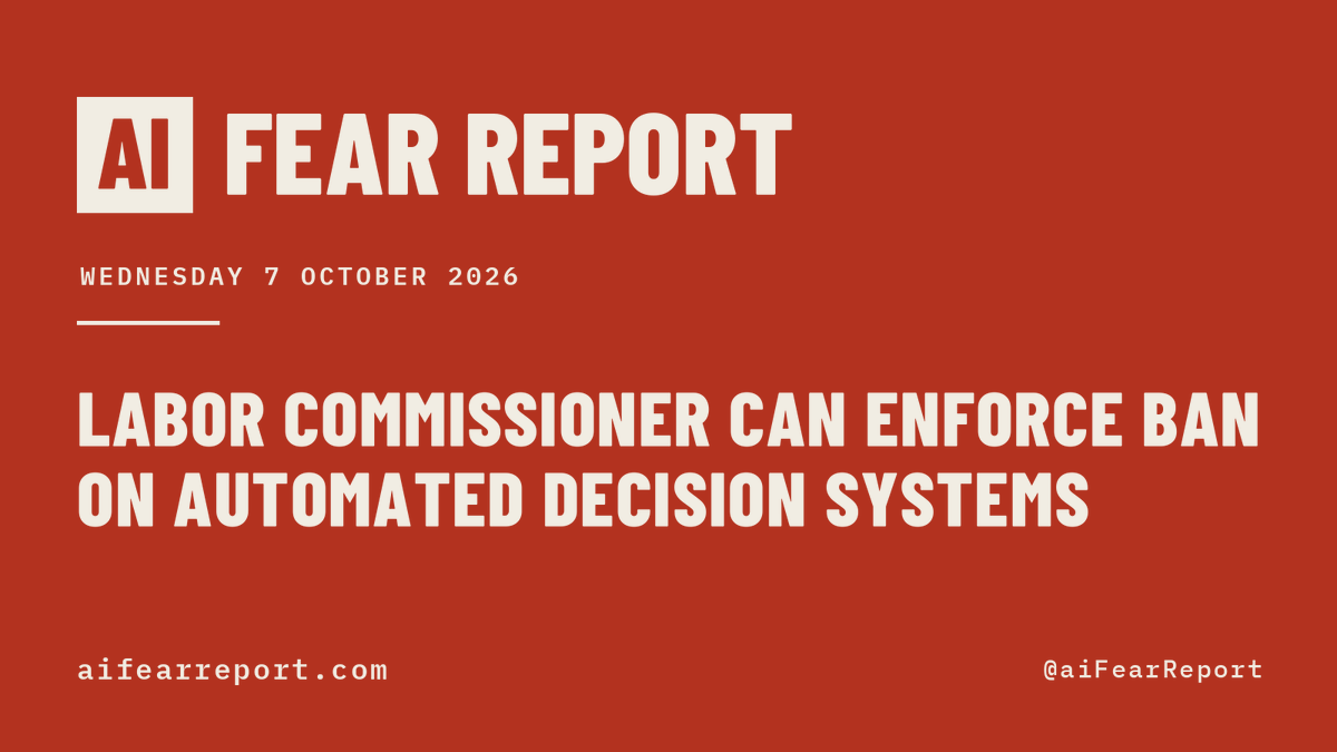 aiFearReport's tweet photo. Here is how your fear of AI is being used to centralize power today.

California gives the Labor Commissioner the power to enforce prohibitions on employer use of automated decision systems in disciplinary or termination decisions. Passed.

14 measures in 11 jurisdictions would have an AI service check the identity or age of the people who use it.

23 measures in 14 jurisdictions cite the fear that chatbots are standing in for friends and partners.

2,242 measures tracked. 757 carry a control, and they would hand new power to 101 offices.