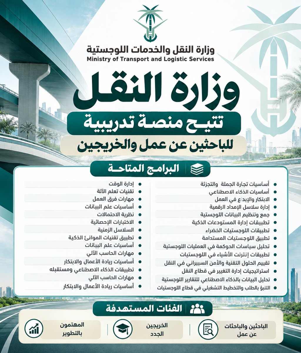 WadhefaDotCom's tweet photo. 🟩 وزارة النقل والخدمات اللوجستية تتيح المنصة التدريبية

⭐ للباحثين عن عمل والطلاب والخريجين والمهتمين بالتطوير

تعلن #وزارة_النقل بمسارات متنوعة لتطوير المهارات وتعزيز الجاهزية المهنية للباحثين عن عمل والطلاب والخريجين, إلى العاملين في قطاع النقل والخدمات اللوجستية

رابط التقديم: https://t.co/e99wxhRI2R

التفاصيل: https://t.co/bN0ihBtDG1