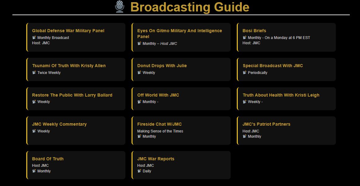 JMC_Broadcast's tweet photo. Stay locked in with JMC Broadcasting's complete lineup.

From military intel to health freedom to off-world disclosure, we've got you covered.

Subscribe free at @JMC_Broadcast https://t.co/X6gekjvtlv