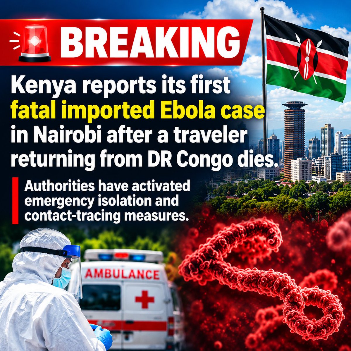 WorldRadar26's tweet photo. 🚨 BREAKING: Kenya reports its first fatal imported Ebola case in Nairobi after a traveler returning from DR Congo dies.
Authorities have activated emergency isolation and contact-tracing measures. 🔴
#Kenya #Ebola #Nairobi #DRC #Africa #BreakingNews #GlobalHealth #HealthAlert https://t.co/tnPFlQpePm