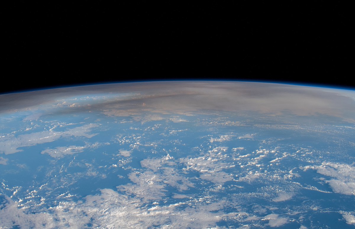 InterestingHOF's tweet photo. The atmospheric plume from an underwater volcano eruption in the Pacific nation of Tonga is pictured from the International Space Station as it orbited 269 miles above the Pacific Ocean northwest of Auckland, New Zealand. Edited photo.

NASA / Kayla Barron, 2022 https://t.co/pWAVmC569t