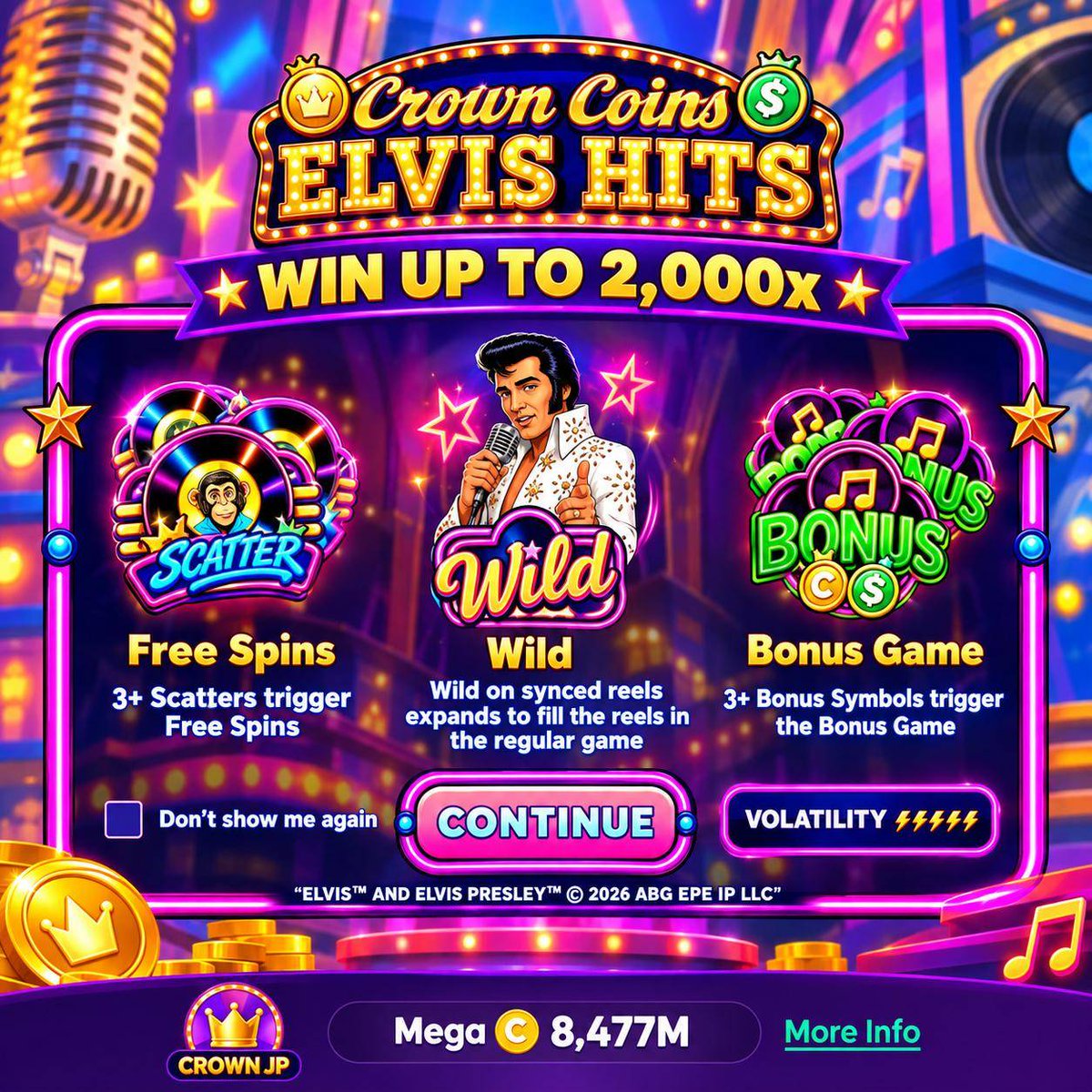 Benjif0x's tweet photo. Lights down, volume up, gold coins sparkling at the foot of the stage. That is the Elvis Hits mood. 🪙 Just walked in? Use promo code GOODVIBES and get extra 40K CC + 2SC, first day only.

#FYP #CrownCoins #CrownCoinsCasino #Zidane #GoodMood https://t.co/t7G4vJe8EN