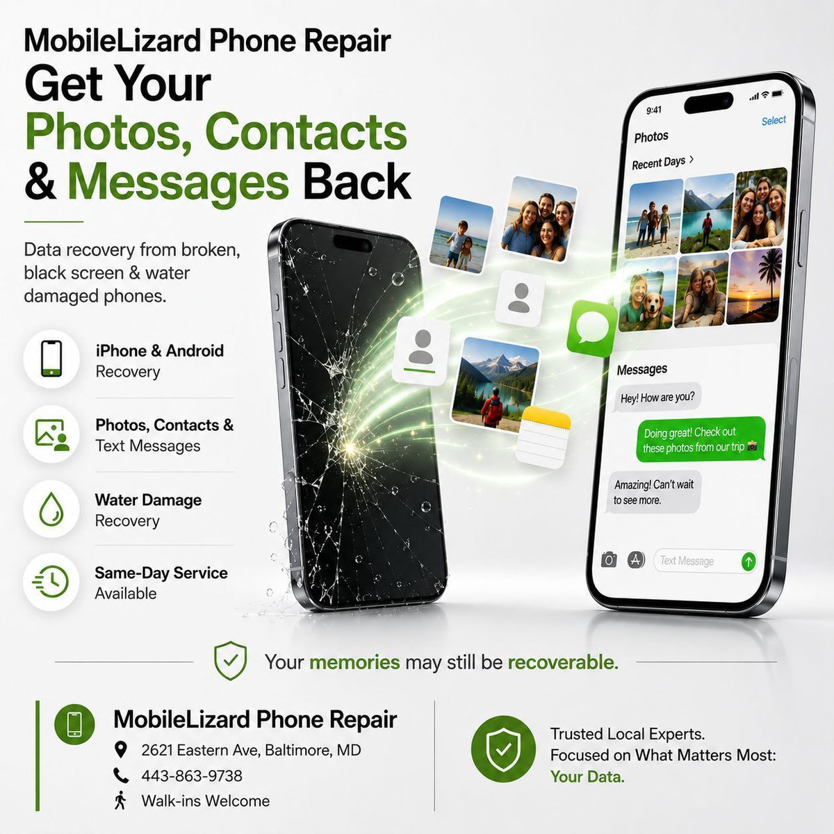 MobileLizard's tweet photo. 📱 Lost your photos, contacts, or messages because your phone won't turn on or has a black screen? Don't panic — we can help.
 We recover photos, texts, contacts, notes, and more.
Voted Best Phone Repair in Baltimore 10 years running.
Walk-ins welcome. 
📞 (443) 863-9738 https://t.co/NdvoeQCFPv
