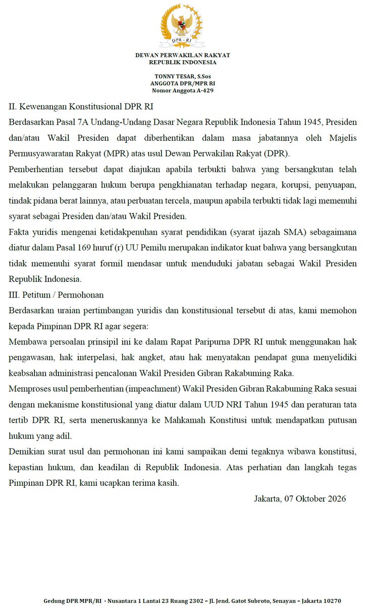 MurtadhaOne1's tweet photo. BREAKING!

Mulai ada pergerakan pemakzulan wapres di DPR
Diinisiasi oleh Tony Tesar dari Nasdem https://t.co/6H89M49fuF
